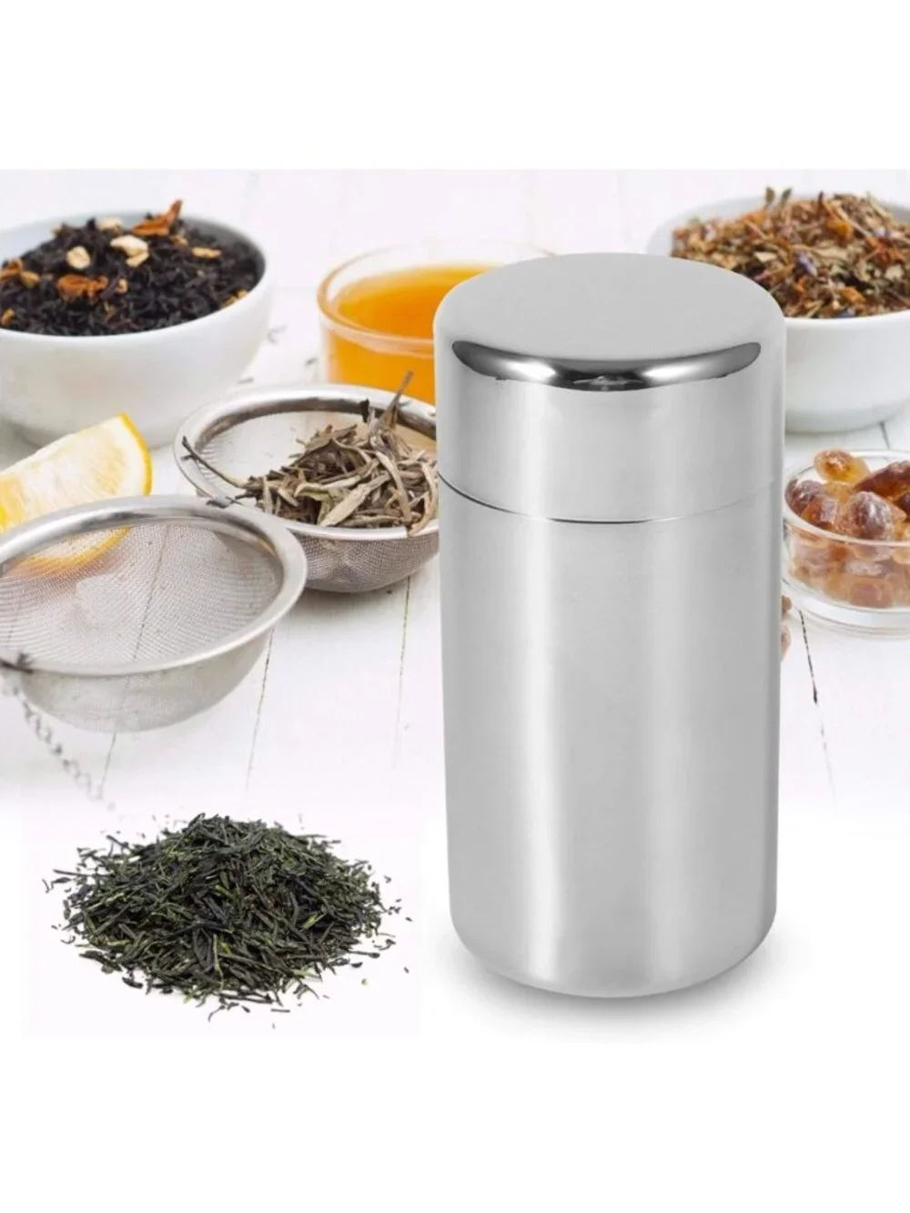 Airtight Double Seal Stainless Steel Tea Canister for Loose Tea, Coffee & Spices